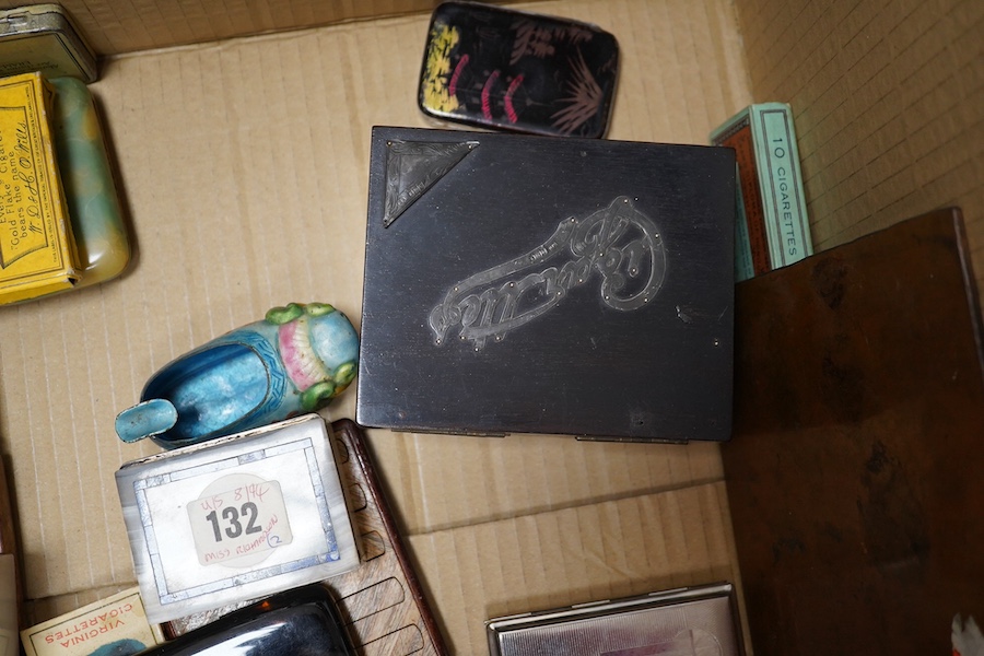 A silver mounted onyx and lapis match box with a shagreen striker to base, a larger similar silver mounted onyx cigarette box together with tortoiseshell, lacquer and mixed metal cigarette and cigar boxes etc, lapis and